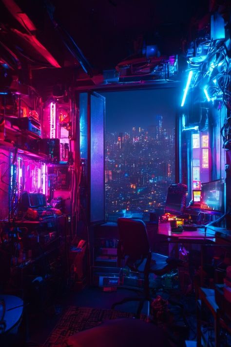 Neon Desktop Wallpaper Hd 1080p, Synthwave Aesthetic Room, Cyberpunk Room Aesthetic, Cyberpunk City Aesthetic, Neon City Aesthetic, Cyberpunk Aesthetic Room, Night Sky Bedroom, Cyberpunk Room Ideas, Night City Cyberpunk 2077