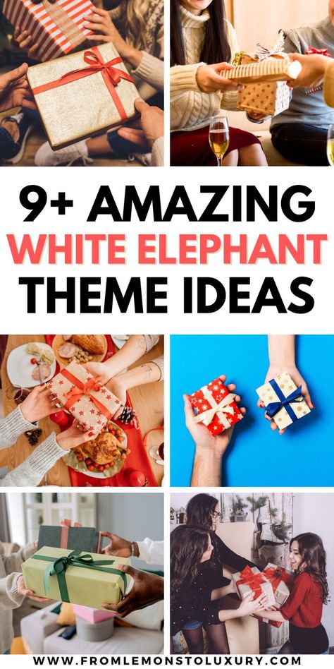 white elephant theme ideas White Elephant Variations, Themes For White Elephant Gift Exchange, Christmas White Elephant Themes, White Elephant Gift Themes Ideas, White Elephant Party Decorations, White Elephant Gift Exchange Themes, Themed White Elephant Gifts, Kids White Elephant Gift Ideas, White Elephant Gift Themes