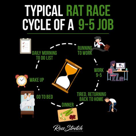 Infographic depicting: Typical rat race cycle of a 9-5 Job. 9 5 Job, Educational Infographic, Effective Time Management, Investment Tips, Business Motivational Quotes, Feeling Trapped, Time Freedom, Creating Passive Income, Social Media Jobs