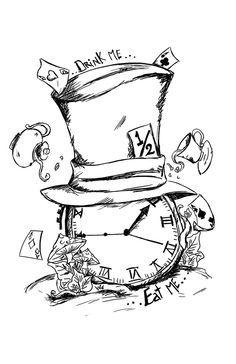 Alice in Wonderland Have a tea party set up on top of the hat, different style hat, more of a pocket watch clock... Tiny Tattoo, Butterfly Tattoos, Cat Tattoos, Tattoo In Frame Ideas, Alice In Wonderland Drawings, Wonderland Tattoo, Theme Tattoo, Disney Tattoo, Wonderland Quotes