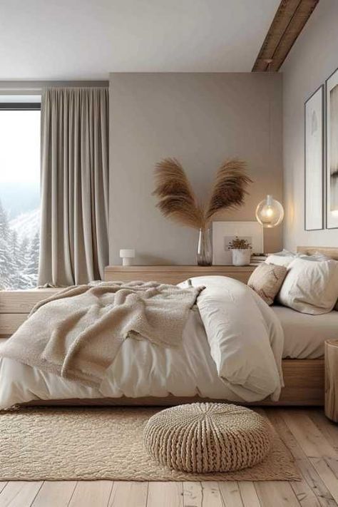 Beige Wall Room Aesthetic, Room Ideas Brown Furniture Bedroom, Earth Tone Apartment Aesthetic, White Brown Bedroom Ideas, Gray Bedroom With Pop Of Color, Oatmeal Bedroom Ideas, White And Brown Bedroom Aesthetic, Beige Wood Bedroom, White And Brown Bedding