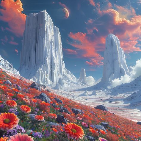 👽️⁠ A surreal landscape of towering white rock formations, covered in snow and surrounded by vibrant flowers on the ground. Above is an alien planet with multiple moons visible in its sky. The scene exudes tranquility and wonder as if it were captured from another world. Hyper realistic in the style of landscape photography --s 750 --v 6.0⁠ ⁠ ⁠ ⁠ #surrealart #landscape #aiimage #aipainting #digitalart #art #aiphoto #artist ⁠ #mountain #sky #scifiartwork #scifi #space #sciencefictionart Space Fantasy Landscape, Alien World Concept Art, Planet Fantasy Art, Alien Worlds Landscape, Planet Moodboard, Alien Planet Concept Art, Alien Planet Art, Fantasy Mountain Landscape, Scifi Landscape