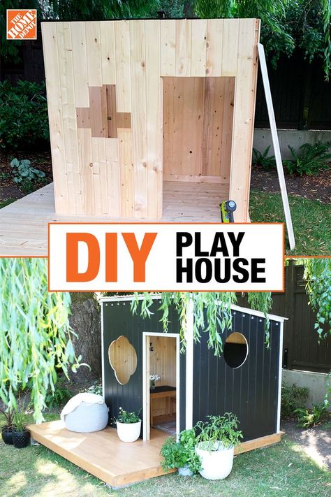 Diy Wooden Fort Playhouse Plans, Simple Diy Playhouse Outdoor, Outside Play House Diy, Diy Play Structure For Kids, Playhouse Village Backyards, Backyard Clubhouse Kids, Diy Outside Playhouse, Easy Outdoor Playhouse, Diy Play Houses