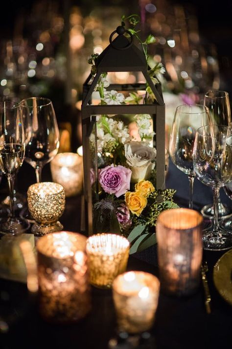 Glowing Lantern, Gold Votive Candles, Lantern Centerpiece, Lantern Centerpiece Wedding, Candle Table Decorations, Lantern Centerpieces, Dark Wedding, Wedding Lanterns, Wooden Lanterns