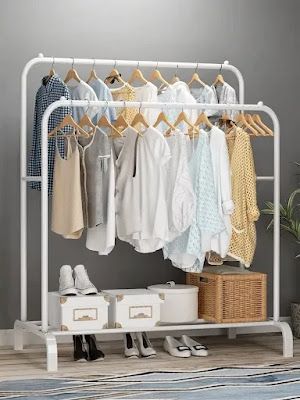 Clothing Rack Bedroom, Standing Clothes Rack, Penyimpanan Makeup, Jacket Hanger, Clothes Shelves, Clothes Hanger Rack, Wardrobe Space, Metal Clothes Rack, Hanger Stand