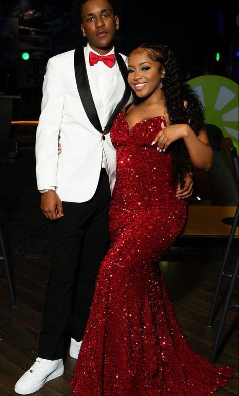 Prom Inspiration Black Couple, Red Homecoming Couple Black, Purple Hoco Dresses Black Women, White Prom Outfits For Couples, Red Prom Pictures Couples, Couple Homecoming Outfits, Red Homecoming Dresses Black Women, Red And White Prom Couples, Homecoming Dates Matching