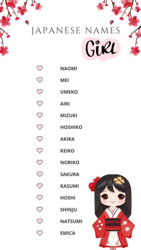 Printable Lists Of Japanese Names for Girls Cute Names In Japanese, Common Japanese Names, Beautiful Japanese Names And Meanings, Names For Girls Unique Japanese, Cute Names For Girls Unique, Japanese Name Ideas Girl, Beautiful Japanese Girl Names, Japanese Name For Girl, Japan Names Girl