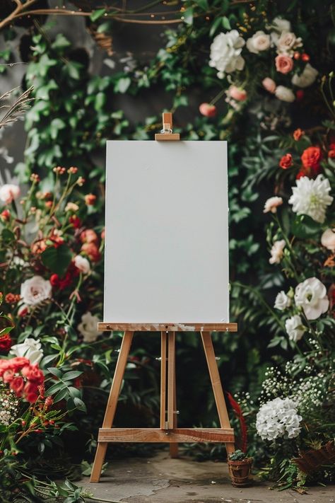 blank rectangle wedding sign on a wooded easel facing directly straight at the camera in a floral decorated room, captured using a ultra realistic photographic style with greenery, subtle colors Wedding Frame Background, Save The Date Illustrations, Calligraphy Borders, Photo Frame Images, Decorated Room, Birthday Background Design, Save The Date Video, Engagement Signs, Flower Background Design