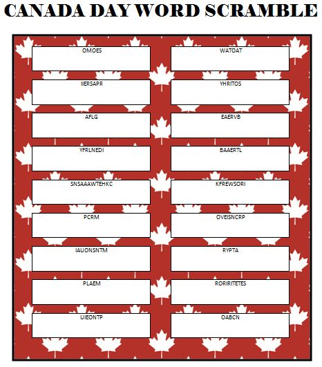 Canada Day Word Scramble (Free Printable) #CanadaDay http://www.momsandmunchkins.ca/2014/06/12/canada-day-word-scramble/ Canada Day Games For Adults, Canada Day Party Games, Birthday Party Games For Adults, Canada Games, Canada For Kids, Canada Day Crafts, Canada Party, Canada Day Party, Party Games For Adults