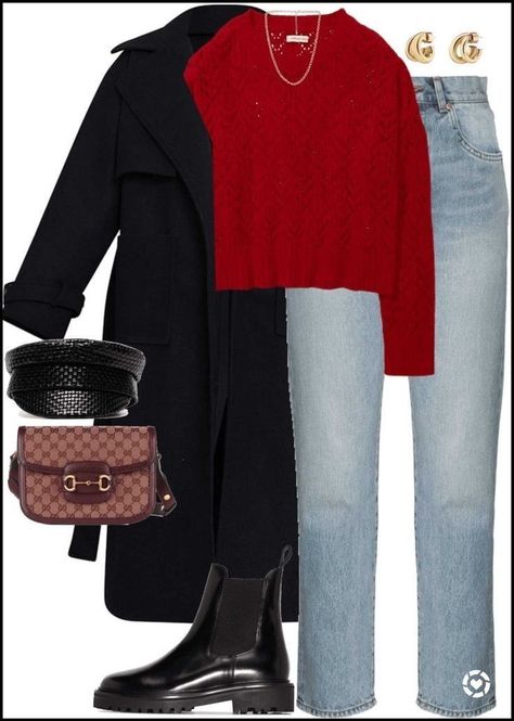 Red Sweater Outfit, Classic Fashion Looks, Black Coat Outfit, Mom Jeans Outfit Winter, Looks Jeans, Jeans Outfit Winter, Baker Boy Hat, Sweater Dress Outfit, Baker Boy