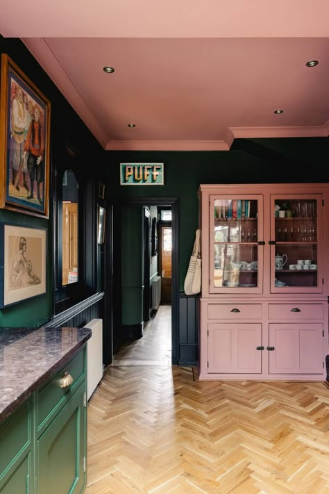 Edwardian Terrace House, Pink Ceiling, Built In Dresser, Pink Kitchen, Style Tile, House Built, Green Kitchen, White Houses, Terrace House