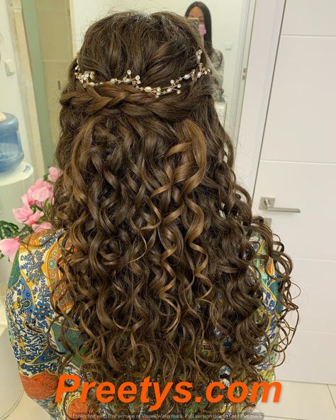 Easter Chic: Trendy Hairstyles to Try in 2024 Preetys.com Ringlet Curls Wedding Hair, Curly Hair Braids Wedding, Wedding Hair For Long Curly Hair, Hairstyle Curly Hair Wedding, Indian Bridesmaids Hairstyles, Tiara Hairstyles Open Hair, Wedding Hair Styles For Curly Hair, Curly Wedding Hair Down, Naturally Curly Prom Hair