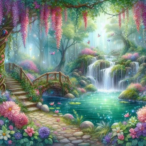 Beautiful Waterfalls Wallpaper, Fairy Landscape Aesthetic, Fairy Land Painting, Fairy Landscape Painting, Fairytale Landscape, Mystical Forest Painting, Magical Forest Waterfall, Fairycore Waterfall, Trippy Artwork