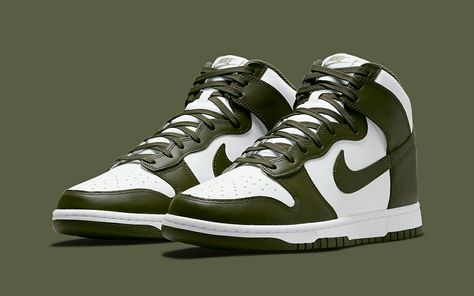 Green Dark Vintage Nike Sneakers, Nike Jordan Air 1 Olive Green, Nike Dunks Medium Olive, Nike Dunk High Cargo Khaki, Forest Green Nike, Khakis Outfit, Green Jordans, Nike Website, Cargo Khaki