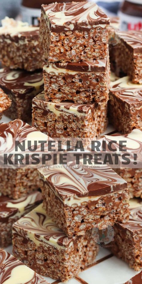 Nutella Rice Krispie Treats! - Jane's Patisserie Nutella Rice Krispie Treats, Janes Patisserie, Krispie Treats Recipe, Tray Bake Recipes, Krispy Treats, Cereal Treats, Rice Krispy, Nutella Recipes, Crispy Treats