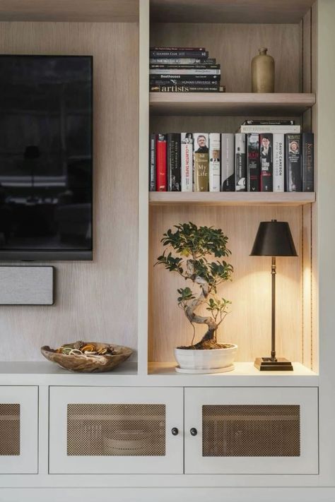 Bespoke Cabinetry Living Room, Tv Wall Lighting, Living Room Tv Furniture, Tv Built Ins, Built In Cabinets Living Room, Cabinetry Living Room, Calm Palette, Built In Tv Cabinet, Books And Plants