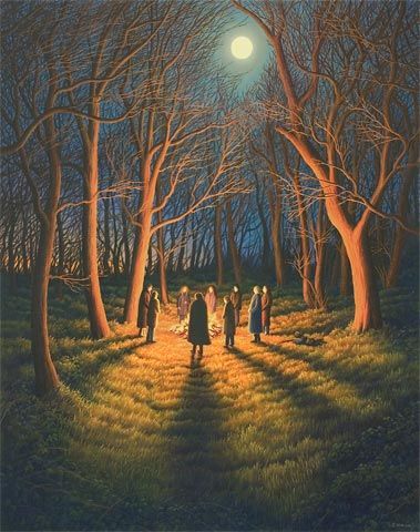 Sarah Vivian - The Circle……..DON'T KNOW WHY THEY ARE GATHERED HERE --- BUT, HAVE A HUNCH THEY'RE UP TO NO GOOD………..ccp Paintings Of Fire, Pagan Paintings, Pagan Art Drawings, Fire In The Woods, Cornwall Painting, Symbolic Paintings, Fire Circle, Spiritual Paintings, Magic Land