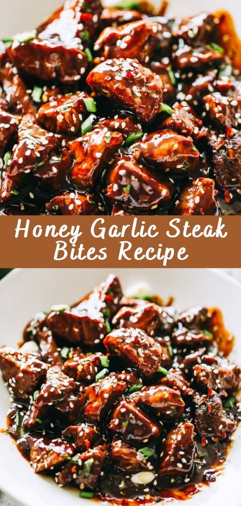 Honey Garlic Steak Bites Recipe - Cheff Recipes Honey Garlic Beef Stir Fry, Honey Garlic Beef Tips, Steak Bites Bowl, Garlic Herb Steak Bites, Garlic Bread Steak Bites Tipsy Housewife, Steak Bites And Rice, Steak And Sweet Potato Dinners, Honey Garlic Steak Bites, Honey Garlic Steak