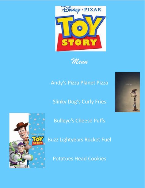 Themed Meals, Movie Dinner, Rocket Fuel, Curly Fries, Pizza Planet, Cheese Puffs, Dinner And A Movie, Potato Heads, Family Movie