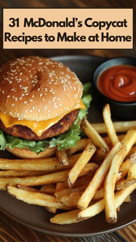 A plate featuring homemade McDonald's copycat recipes, including crispy fries, a Big Mac, and a side of dipping sauce, placed on a wooden table. Mcdonalds Fries Recipe, Mcchicken Copycat, Copycat Recipes Restaurant, Mcdonald's Recipes, Mcdonalds Copycat Recipes, Mcdonalds Recipes, Mcdonalds Chicken, Mcdonalds Fries, Big Tasty