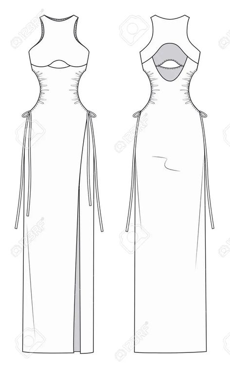 Women Long Dress technical drawing template. Girl Cutouts Dress fashion flat sketch template. Cutouts Dress with long ties. Jersey dress design template. Fashion Design Technical Drawing, Flat Pattern Fashion Technical Drawings, Digital Clothing Design, Sketch Clothes Design, Fashion Illustration Template Women, Dress Technical Flat, Technical Drawing Fashion Dress, Sketch Dress Design, Dress Ideas Drawing