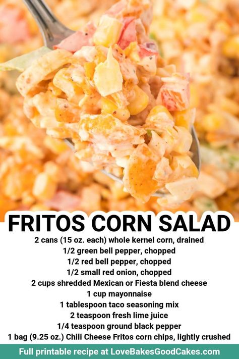 Love Bakes Good Cakes - RECIPE - https://buff.ly/3ibxiy9 This Fritos Corn Salad is a delicious, crunchy, and quick-to-make alternative to your standard salads. Plus, it’s filled with Mexican flavor! | Facebook Fritos Corn Salad, Bbq Chili, Frito Chili, Frito Corn Salad, Chili Cheese Fritos, Love Bakes Good Cakes, Fritos Corn Chips, Good Cakes, Lake Food Ideas Summer