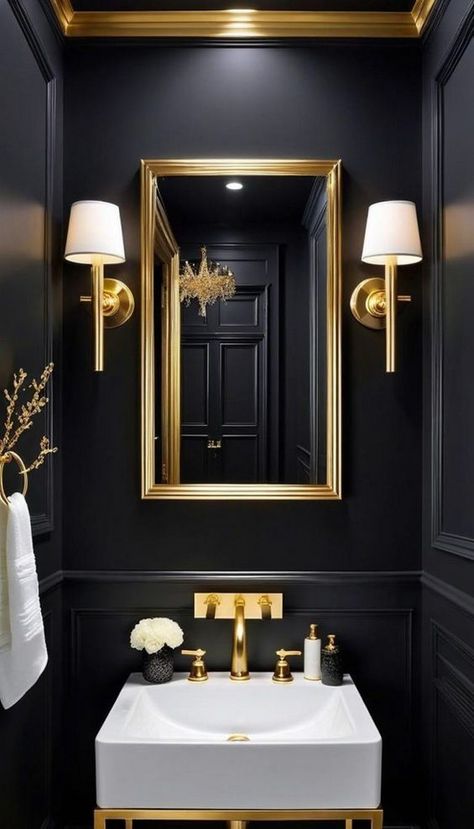 half bathroom gold and black bathroom half tiles half paint black half tiled bathroom black black marble half bathroom black half bathroom wallpaper half bathroom ideas black and white tile half bathroom black ceiling dark green and black half bathroom half bathroom ideas with black floors small black and gold half bathroom half painted wall bathroom black half tiled bathroom walls black Black And Gold Downstairs Toilet, Small Black Powder Room Ideas, Small Glam Bathroom Ideas, Cloakroom Bathroom Ideas, Moody Grey Bathroom, Small Bathroom Ideas Toilet Only, Dark Bathroom Paint Ideas, Dark Moody Small Bathroom, Dark Downstairs Toilet