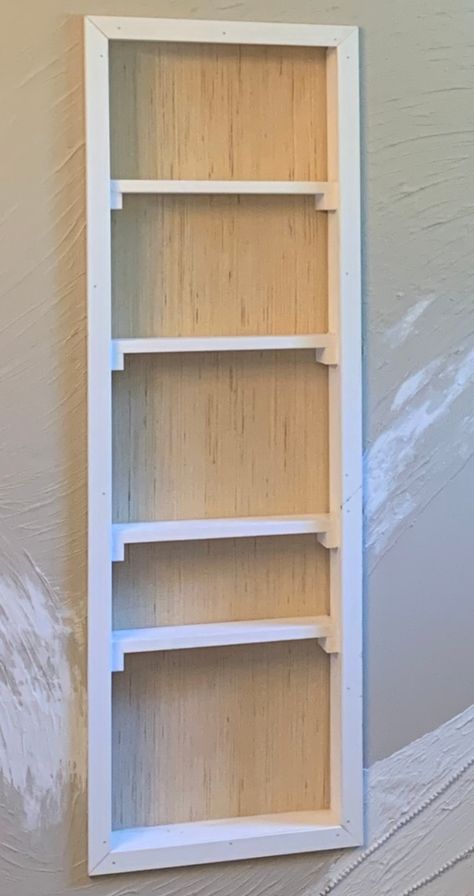 Between-Studs Storage WITHOUT Complicated Woodworking – SunnyMommy Creations Wall Inset Shelves, Diy Built In Shelves Between Studs, Stud Storage In Between, In Wall Shelves Between Studs, Between Stud Storage Bathroom, Between Studs Shelves, Stud Cabinet, In Wall Storage Between Studs, Bathroom Shelving Ideas The Wall