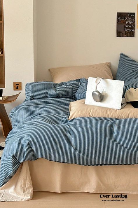 Cerulean Blue Bedding, Mid Century Bed Set, Blue Yellow Bedding, Colourfull Bedding, Bedding Ideas Scandinavian, Stripped Bedding Styled, Pale Blue Comforter, Blue Stripe Duvet, Bedding Inspo Not White