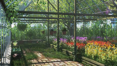 Greenhouse Concept Art, Aesthetic Green House, Fantasy Greenhouse, Green Plants Wallpaper, Old Greenhouse, Wallpaper Aesthetic Green, Oc Story, Plants Wallpaper, Inspiring Wallpaper