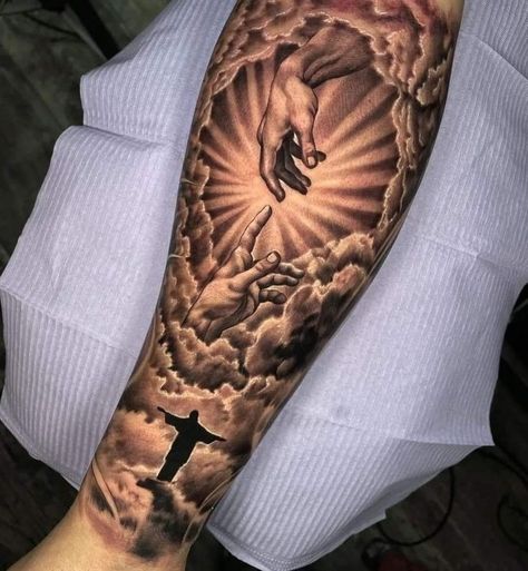 Christian Shin Tattoo, Angel Forearm Tattoo Men, Knee Cap Tattoo Men, Arm Tattoos For Guys Forearm, Tattoos Drawing, Half Sleeve Tattoos Forearm, Christian Sleeve Tattoo, Cross Tattoo For Men, Men Tattoos Arm Sleeve