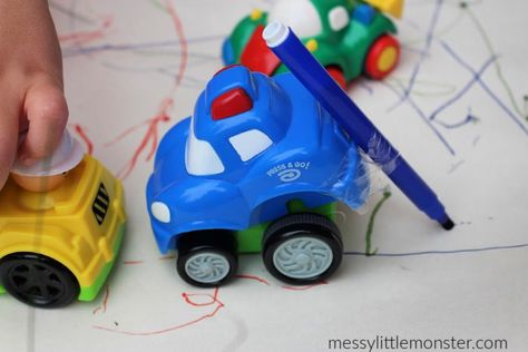 toddler drawing with cars Cars Learning Activities, Boxcar Children Activities, Painting With Cars Preschool, Car Process Art, Tape Roads For Toy Cars, Preschool Transportation Crafts, Science Games For Kids, Toddler Drawing, Open Ended Art