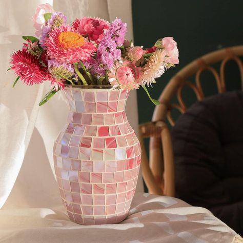 PRICES MAY VARY. 【SPECIFICATIONS】Mouth: 3.42", Bottle width: 5.43", High: 8", Weight: 1.56lbs. This pink vase is an ideal container for fresh flowers, use it to hold bouquets of flowers or display them on an entryway table as a stand-alone decorative piece. 【TRADITIONAL HANDMADE】Flower vase is made of thick glass, and all the mosaics on the bottle body are pasted by hand and will not fade. Please do not clean the surface directly with water, it is better to wipe the floating dust with a wrung-ou Mosaic Vase, Flower Vases Decoration, Pink Vase, Handmade Mosaic, Elegant Color, Handmade Modern, Pink Decor, Beautiful Vase, Centerpiece Decorations