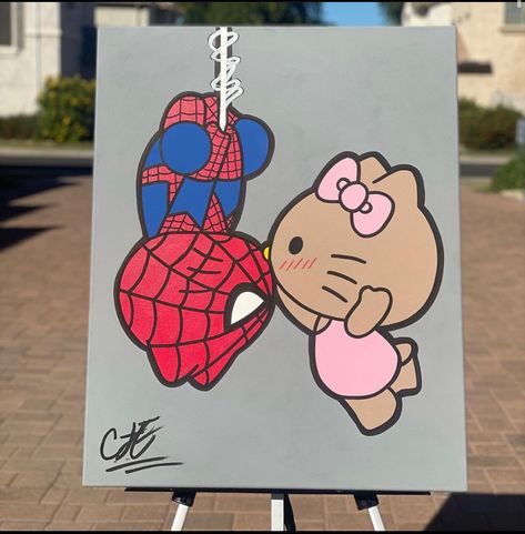 Cute Art To Do With Boyfriend, Hello Kitty Spiderman Painting, Spiderman Hello Kitty Painting, Spider Man And Hello Kitty Painting, Hello Kitty Couple Painting, Cute Doodles On Canvas, Spiderman And Hello Kitty Painting, Hello Kitty Easy Painting, Painting For Two People