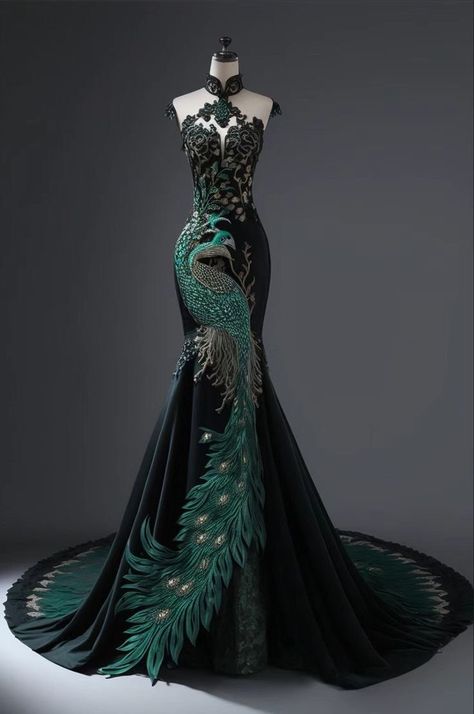 Peacock Ball Gown, Black And Green Wedding Dresses, Peacock Inspired Outfit, Green And Black Gown, Simple Princess Dress, Peacock Wedding Dress, Peacock Outfit, Wedding Dress Fairytale, Creative Dresses