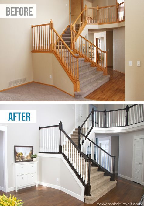 DIY: How to Stain and Paint an OAK Banister, Spindles, and Newel Posts (the shortcut method...no sanding needed!) |via Make It and Love It Paint Stained Wood, Oak Banister, Wood Railings For Stairs, Diy Stair Railing, Stairs Renovation, Stairs Makeover, Staircase Remodel, Staircase Makeover, Casa Diy