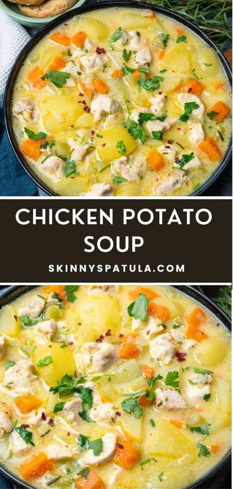 Chicken Potato Soup – Skinny Spatula Clean Chicken Soup Recipes, Crockpot Potato Soup With Chicken, Chicken Potato Spinach Recipes, Chicken Noodle Soup Potato, Chicken Potato Rice Soup, Soups With Cooked Chicken, Soups And Stews With Chicken, Boneless Chicken Thigh Soup Recipe, Chicken Soup Easy Simple