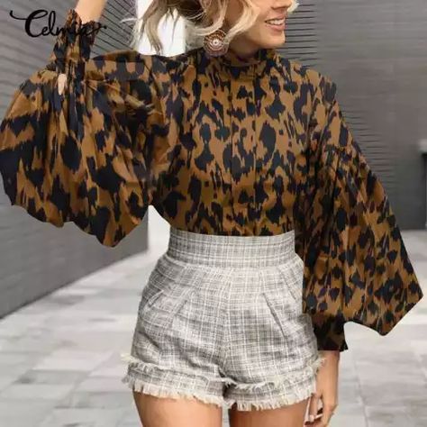 Big Lantern, Loose Dress Pattern, Stand Collar Blouse, Aesthetic Print, Party Blouse, Fashion Stand, Lantern Sleeved Blouses, Pattern Dress Women, Leopard Print Shirt