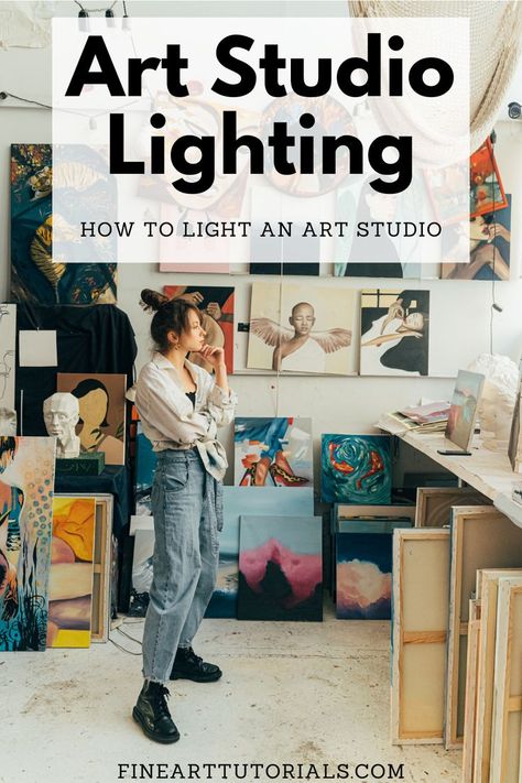 How to light an art studio: the best studio lights for pencil drawing, painting at an easel, filming and photographing arts for print. Discover how to set the lights up for optimum illumination. #artstudiosupplies #artstudiolighting #studiolighting #artstudio #artstudioideas #howtolightanartstudio #lightingforart Art And Pottery Studio, Organisation, Lights For Craft Room, Small Garage Art Studio, Art Studio Curtains, Best Wall Colors For Art Studio, Art Room Lighting, Small Art Studio Layout, Painting High Walls