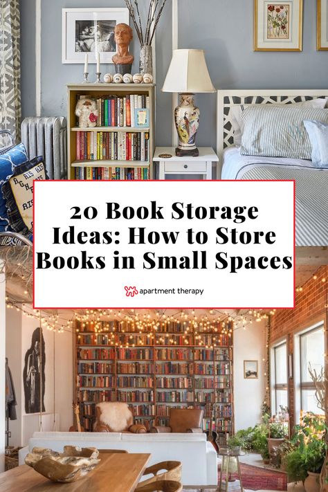 These book storage ideas will keep your collection both organized and stylish — no matter the size of your space. Bookshelf Placement Living Room, Small House Book Shelves, Shelving Ideas For Small Living Room, Library Book Organization At Home, Tee Bookshelves, Teen Book Storage, Bookcase Small Living Room, Displaying Books Without A Bookshelf, Too Many Books Storage