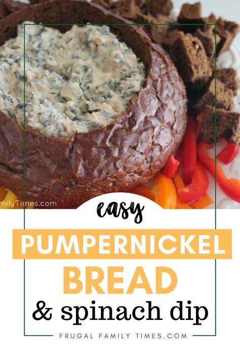 A Classic Party Recipe: Pumpernickel Bread and Spinach Dip. I've always called it Monkey's Brains - but that might be just a joke someone played on me? Spinach Dip in a Pumpernickel loaf - is a way more boring name - but a sane one. So easy and crowd-pleasing! Made with mostly healthy ingredients. Great for potlucks and game nights! Dip For Pumpernickel Bread, Pumpernickel Bread Spinach Dip, Pumpernickel Bread Recipe Dip, Pumpernickel Appetizers, Spinach Dip And Pumpernickel Bread, Spinach Dip With Pumpernickel Bread, Spinach Pumpernickel Dip, Spinach Artichoke Dip Pumpernickel, Pumpernickel Dip