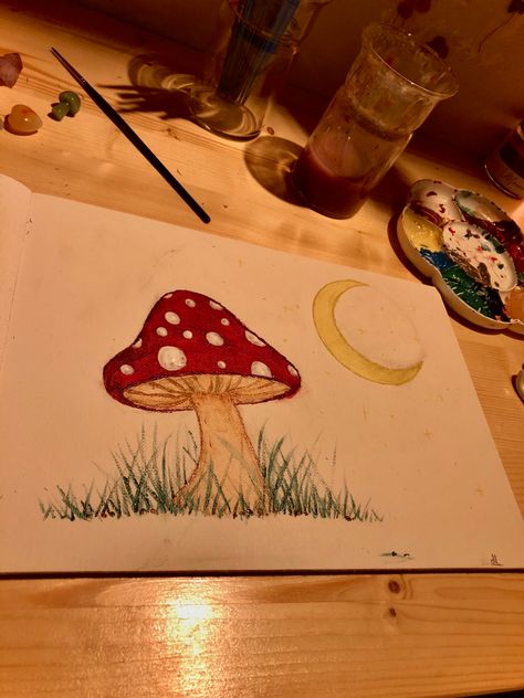 Mushroom Drawing Landscape, Painting Of A Mushroom, Frog Cute Painting, Mushroom Easy Painting, Mushrooms Aesthetic Drawing, Colorful Mushroom Drawing, Moon And Mushroom Drawing, Aesthetic Drawing Ideas Colourful, Mashrooms Drawing Aesthetic