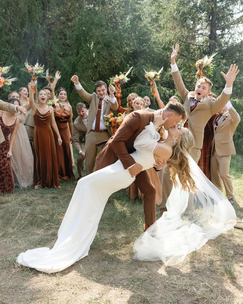 Terracotta sunset color bridesmaids, tan suits groomsmen, neutral boho bride Fall Boho Groomsmen Attire, Tan Groom And Groomsmen Attire, Tan Suits Wedding Party, Wedding With Tan Suits, Terracotta Wedding Theme Groomsmen, Wedding Suits Groom Fall, Fall Wedding Suit Colors, Terracotta Bridal Party Groomsmen, Groomsmen Attire Neutral