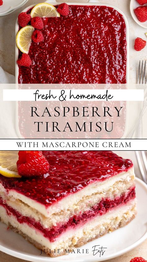 Looking for a twist on the classic tiramisu, perfect for a spring dessert? This raspberry cake idea combines fresh raspberry jam, lady fingers and creamy mascarpone for a unique fruit dessert idea. It's also the perfect make ahead cake recipe! Japanese Raspberry Cake, Dessert With Raspberry Jam, Raspberry Brownie Dessert, Raspberry Jam Desserts Simple, What To Do With Lady Fingers, Things To Do With Fresh Raspberries, Raspberry Pound Cake Recipes, Dessert Make Ahead, Christmas Raspberry Dessert