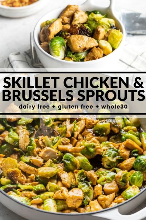 Healthy Brussel Sprout Recipes, Chicken Brussels Sprouts, Brussel Sprout Casserole, Chicken Brussel Sprouts, Sprouts Recipe, Sprout Recipes, Brussels Sprouts Recipe, Skillet Chicken, Brussels Sprouts