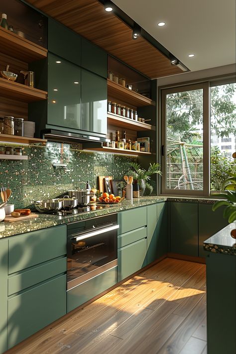 Green Kitchen Aesthetic Modern, Nature Friendly Homes, Kitchen Green Ideas, Earthy Interior Design Kitchen, Jade Countertops Kitchen, Eco Kitchen Design, Green Wood Aesthetic, Green Interior Design Kitchen, Dream House Decor Kitchen