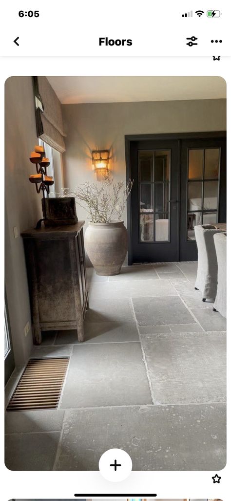 Stone Interior Floor, Mediterranean Flooring Ideas, Tumbled Stone Floor, Living Room With Tile Floor, Stone Flooring Interior, Stone Floor Kitchen, Conservatory Makeover, Flagstone Floor, Living Room Floor Tiles