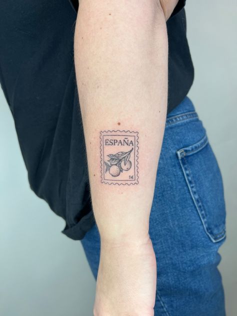 Spaniard Tattoo Ideas, Spain Small Tattoo, Madrid Spain Tattoo, Spain Travel Tattoo, Orange Post Stamp Tattoo, Spain Postage Stamp, Madrid Stamp Tattoo, Spain Tatoos Ideas, Tattoos Of Italy