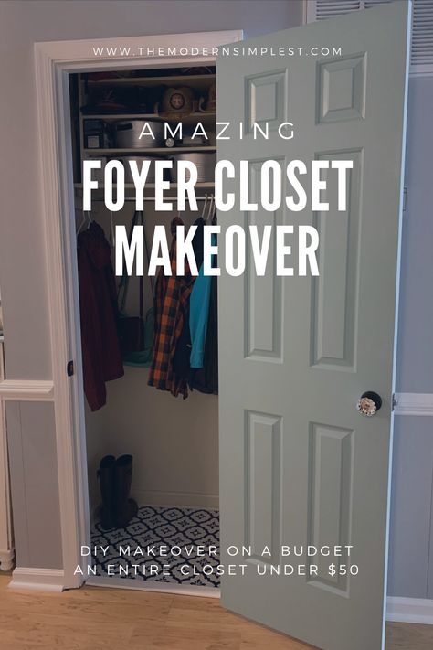 DIY foyer closet makeover under $50. Love the results and done in no time! Foyer Closet Makeover, Small Entry Closet Ideas, Coat Closet Design, Hall Closet Makeover, Entry Closet Makeover, Entryway Closet Makeover, Entry Closet Organization, Diy Foyer, Coat Closet Storage