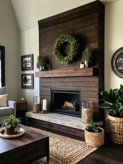 Home Fireplace Modern, Accent Wall Over Fireplace, Stained Wood Fireplace, Stone And Shiplap Fireplace, Shiplap Fireplace Wall, Shiplap Fireplace Ideas, Wood Fireplace Surround, Sunroom Fireplace, Stained Shiplap